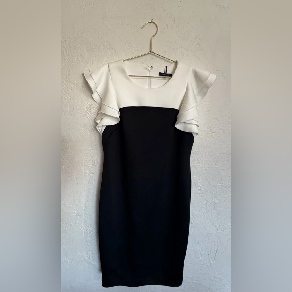 Tommy Hilfiger Black And White Ruffle Sleeve Midi Dress